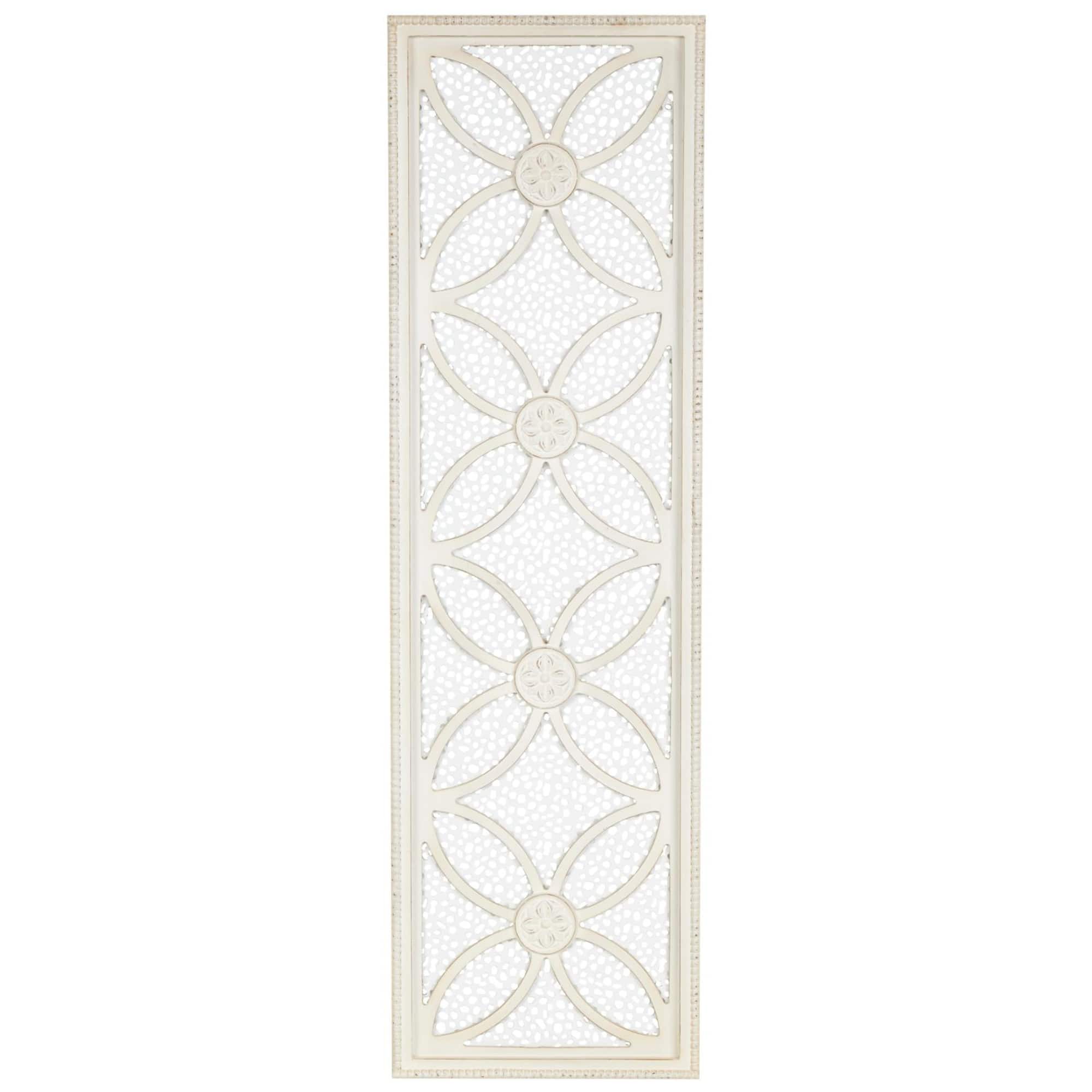 White wooden floral panel wall decor with cutout metal backing and beaded frame.
